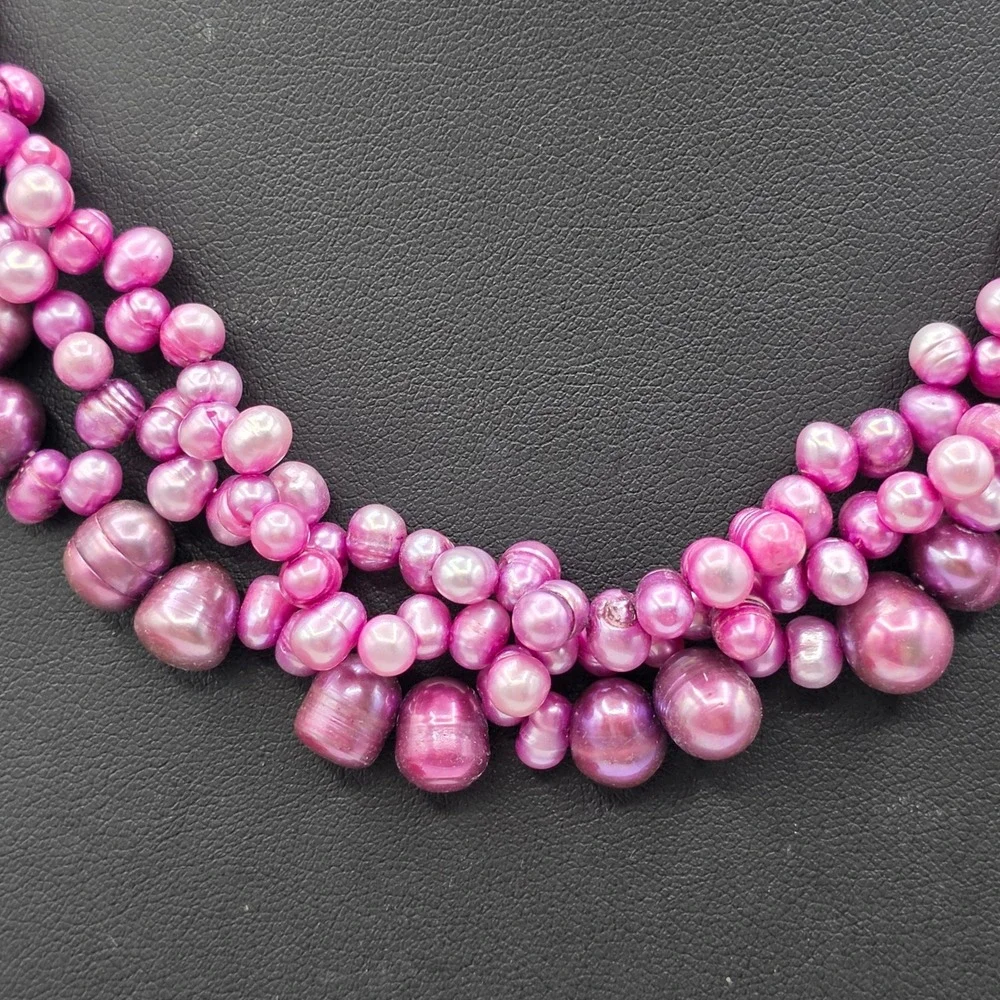 Magenta Pink Multi-Strand Freshwater Pearl Necklace 3-Row Slide Clasp 18in
